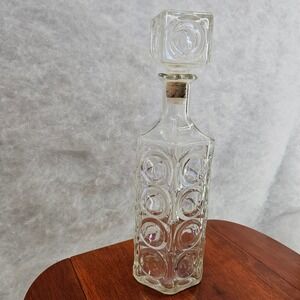Glass Decanter Square Stopper Textured Circles Clear Iridescent Barware Vtg